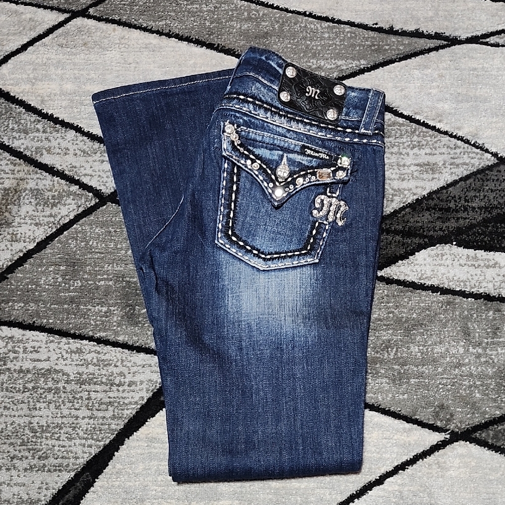MISS ME EMBROIDERED RHINESTONES SEQUINS METALLIC STITCH BOOT-CUT DENIM JEAN